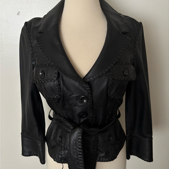 RARE Bebe Women's Genuine Leather Jacket Blazer Button Front Jacket with belt - Picture 3 of 17